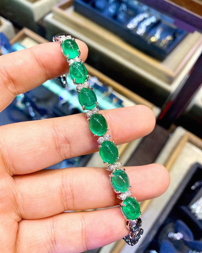 GORGEOUS! 38.22TCW Emerald Diamond 18K solid white gold handmade bracelet jewelry tennis cabochon huge big zambian natural colombian vintage