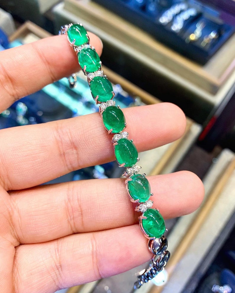 GORGEOUS! 38.22TCW Emerald Diamond 18K solid white gold handmade bracelet jewelry tennis cabochon huge big zambian natural colombian vintage