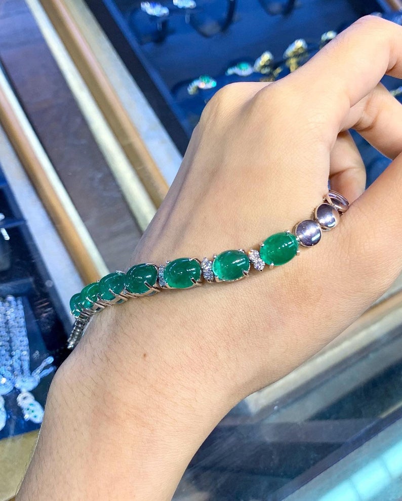 GORGEOUS! 38.22TCW Emerald Diamond 18K solid white gold handmade bracelet jewelry tennis cabochon huge big zambian natural colombian vintage