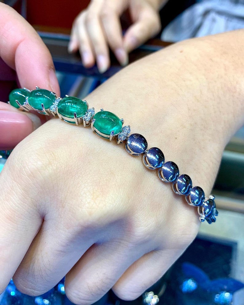 GORGEOUS! 38.22TCW Emerald Diamond 18K solid white gold handmade bracelet jewelry tennis cabochon huge big zambian natural colombian vintage