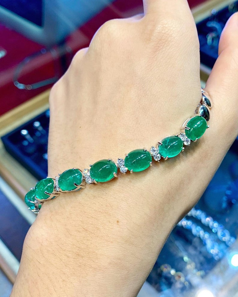 GORGEOUS! 38.22TCW Emerald Diamond 18K solid white gold handmade bracelet jewelry tennis cabochon huge big zambian natural colombian vintage