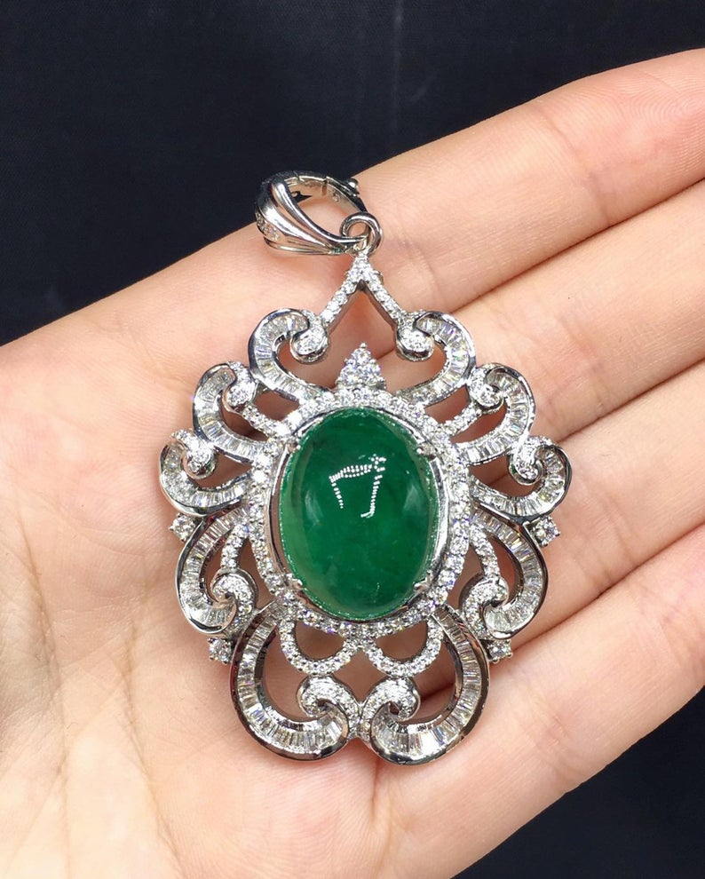 ENORMOUS 22.22TCW Emerald Cabochon Pendant Zambian Natural VS Diamond 18K solid white gold necklace chain huge cocktail luxury high jewelry