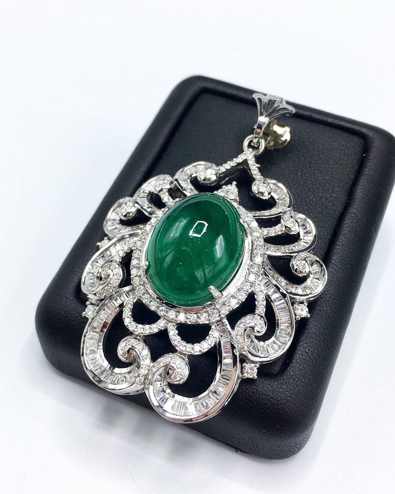 ENORMOUS 22.22TCW Emerald Cabochon Pendant Zambian Natural VS Diamond 18K solid white gold necklace chain huge cocktail luxury high jewelry