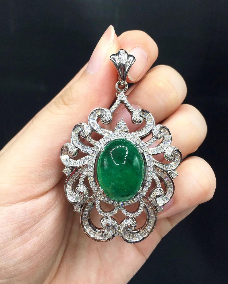 ENORMOUS 22.22TCW Emerald Cabochon Pendant Zambian Natural VS Diamond 18K solid white gold necklace chain huge cocktail luxury high jewelry