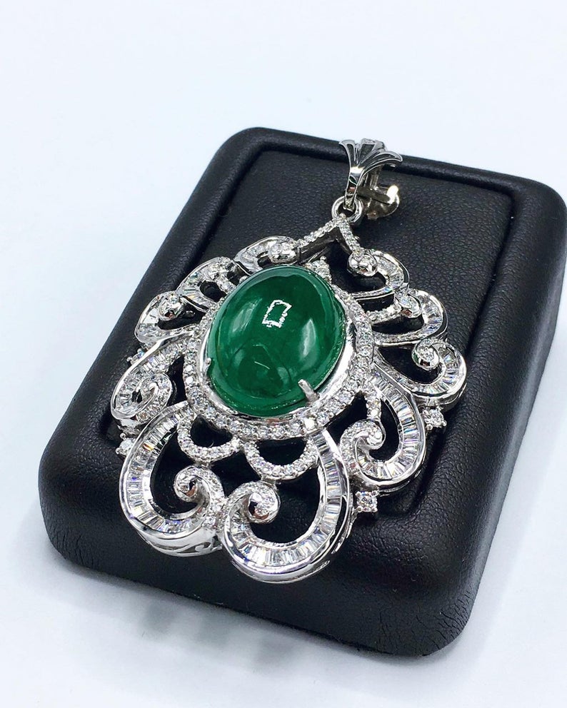 ENORMOUS 22.22TCW Emerald Cabochon Pendant Zambian Natural VS Diamond 18K solid white gold necklace chain huge cocktail luxury high jewelry