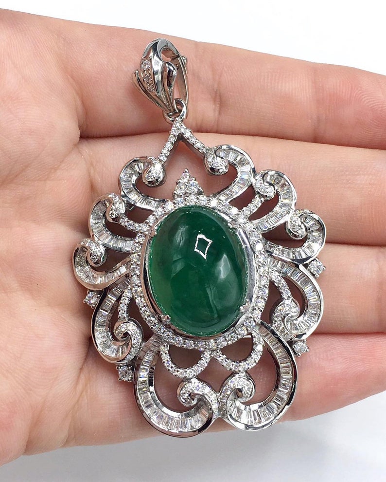 ENORMOUS 22.22TCW Emerald Cabochon Pendant Zambian Natural VS Diamond 18K solid white gold necklace chain huge cocktail luxury high jewelry