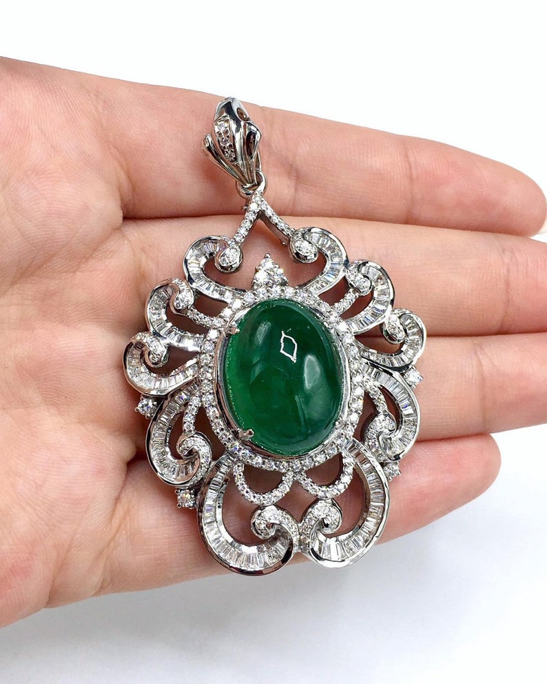 ENORMOUS 22.22TCW Emerald Cabochon Pendant Zambian Natural VS Diamond 18K solid white gold necklace chain huge cocktail luxury high jewelry