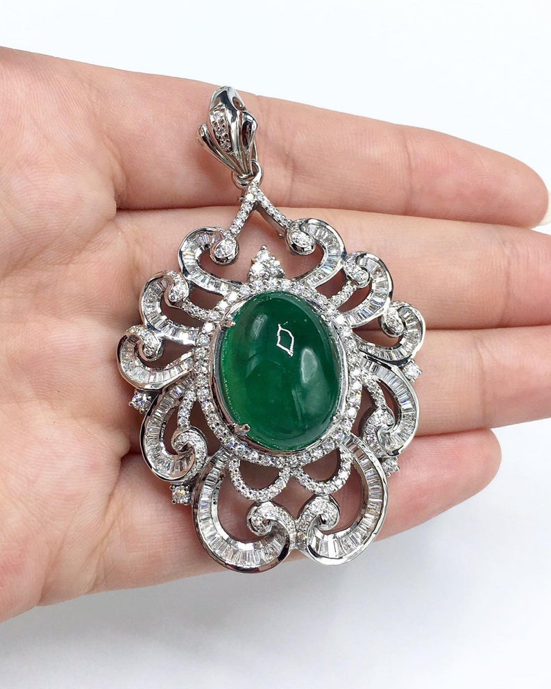 ENORMOUS 22.22TCW Emerald Cabochon Pendant Zambian Natural VS Diamond 18K solid white gold necklace chain huge cocktail luxury high jewelry