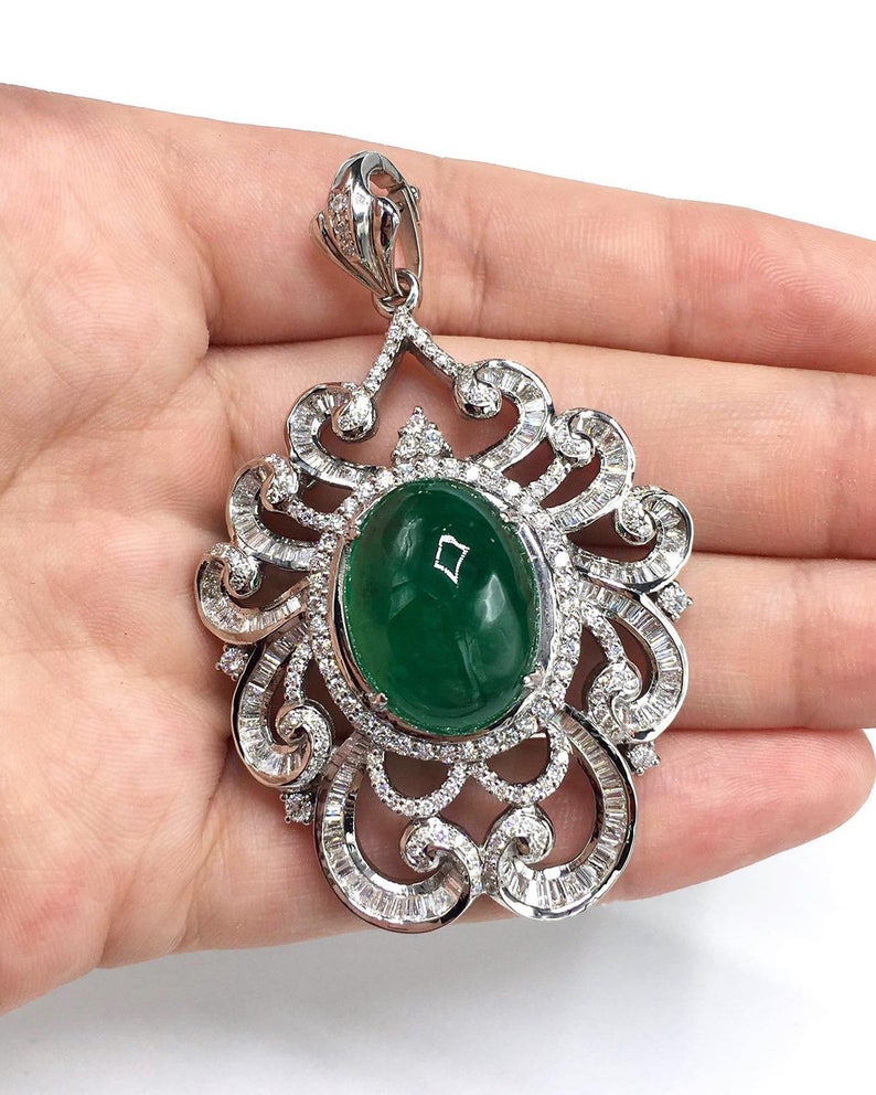 ENORMOUS 22.22TCW Emerald Cabochon Pendant Zambian Natural VS Diamond 18K solid white gold necklace chain huge cocktail luxury high jewelry