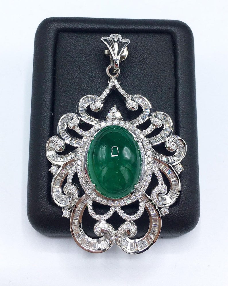 ENORMOUS 22.22TCW Emerald Cabochon Pendant Zambian Natural VS Diamond 18K solid white gold necklace chain huge cocktail luxury high jewelry