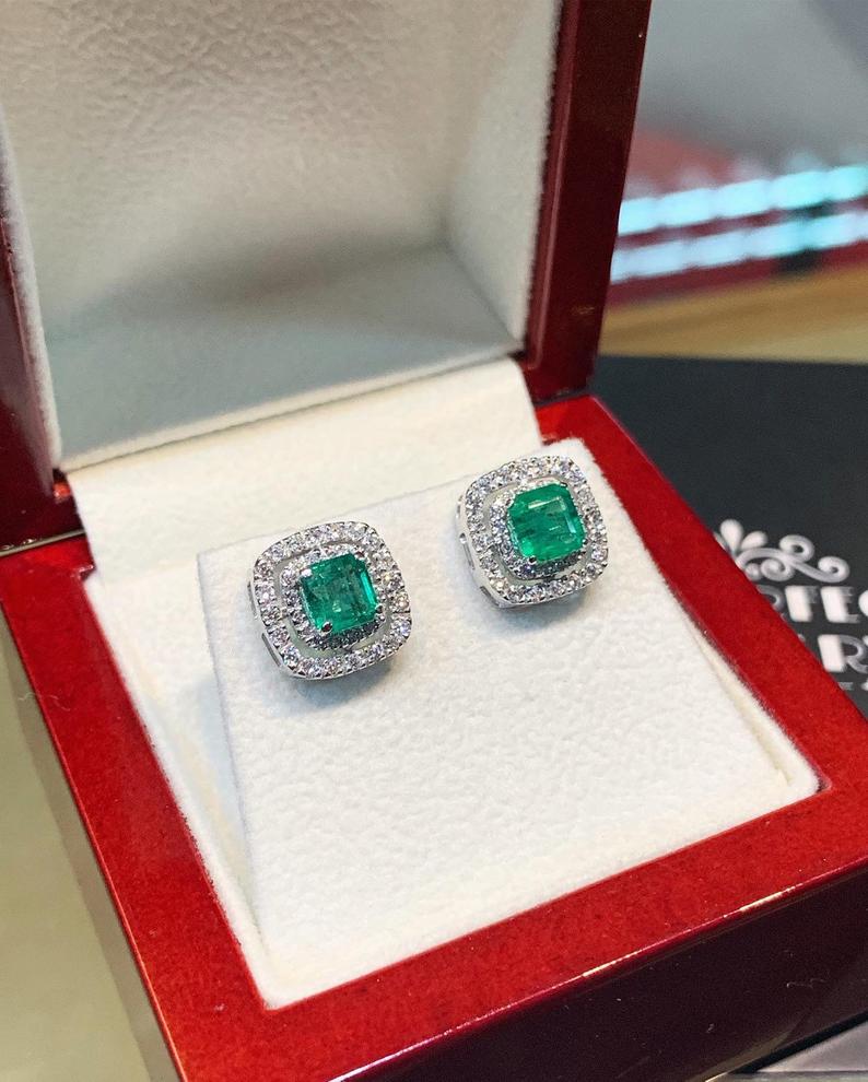 SPARKLING! 2.35TCW Emerald VS Diamond 18K solid white gold earrings studs simple natural certified zambian Colombian double halo wedding big