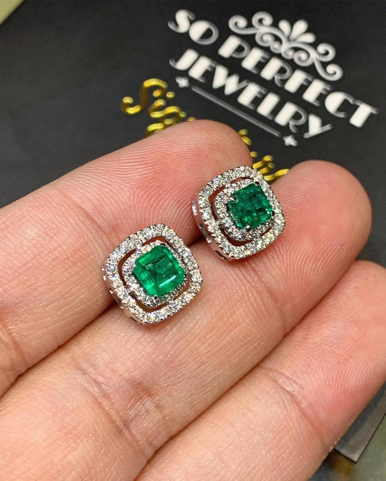SPARKLING! 2.35TCW Emerald VS Diamond 18K solid white gold earrings studs simple natural certified zambian Colombian double halo wedding big