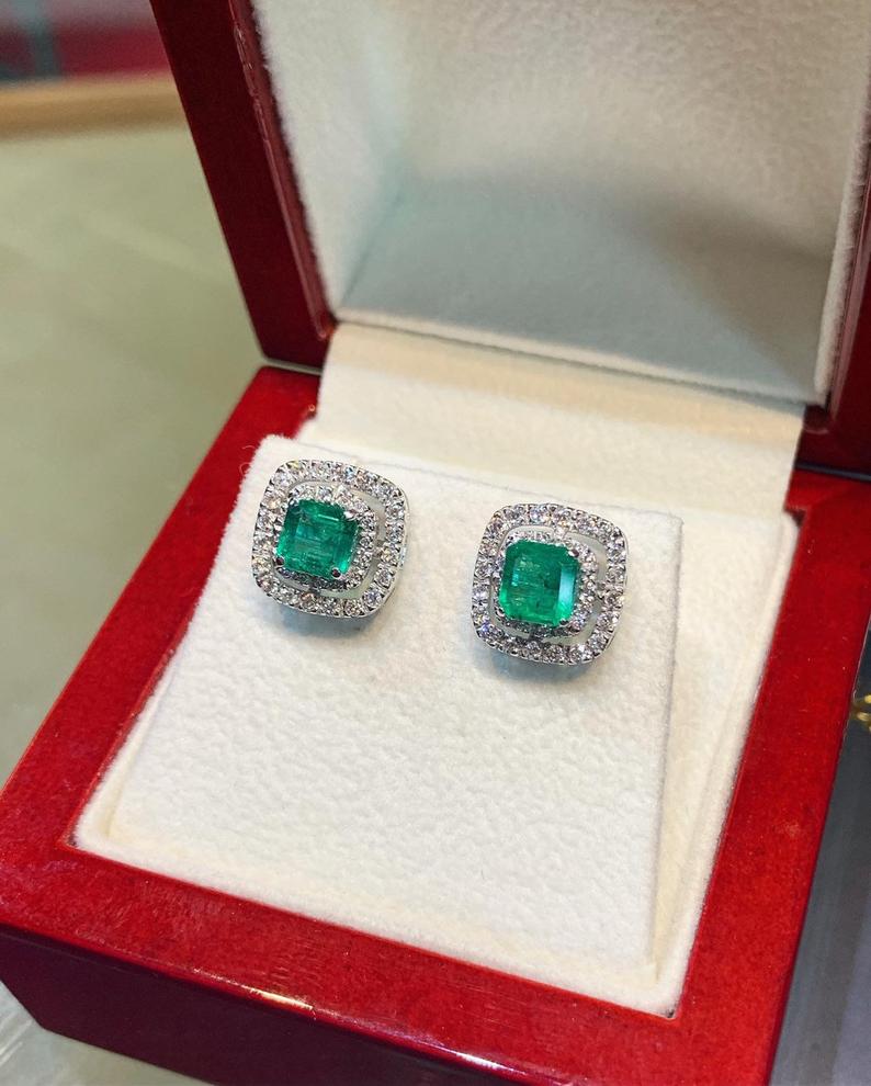 SPARKLING! 2.35TCW Emerald VS Diamond 18K solid white gold earrings studs simple natural certified zambian Colombian double halo wedding big