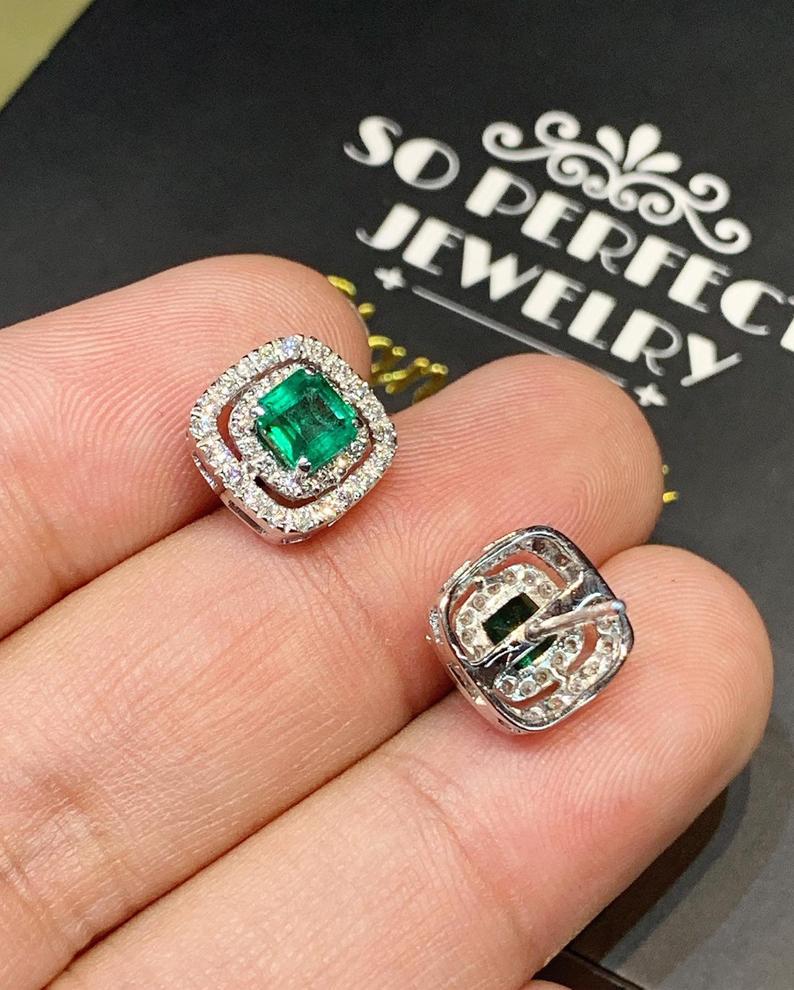 SPARKLING! 2.35TCW Emerald VS Diamond 18K solid white gold earrings studs simple natural certified zambian Colombian double halo wedding big