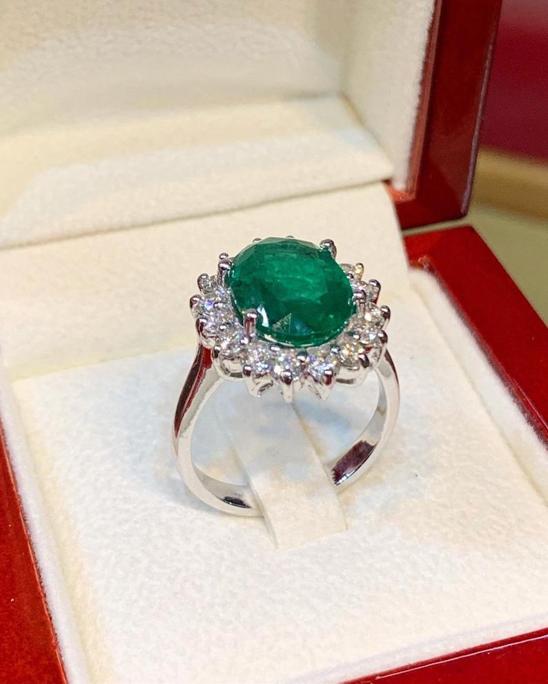 VIVID 5.57TCW Emerald & VS Diamonds in 18k solid white gold ring engagement wedding colombian zambian modern natural vintagr christmas gift