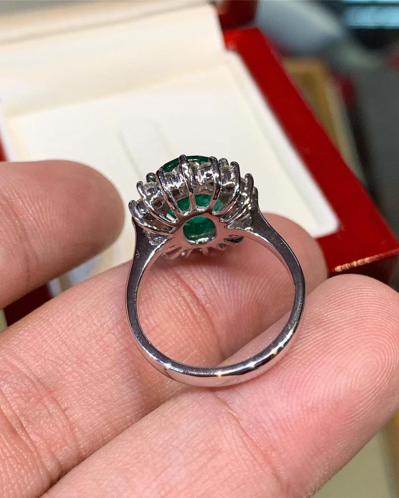 VIVID 5.57TCW Emerald & VS Diamonds in 18k solid white gold ring engagement wedding colombian zambian modern natural vintagr christmas gift