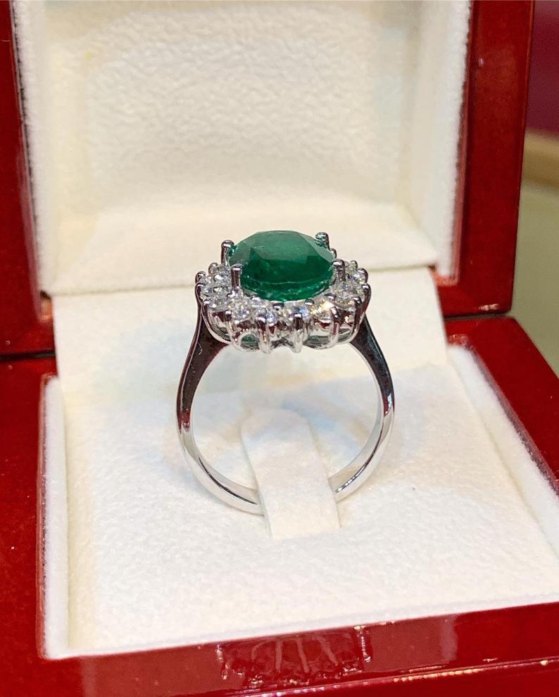 VIVID 5.57TCW Emerald & VS Diamonds in 18k solid white gold ring engagement wedding colombian zambian modern natural vintagr christmas gift