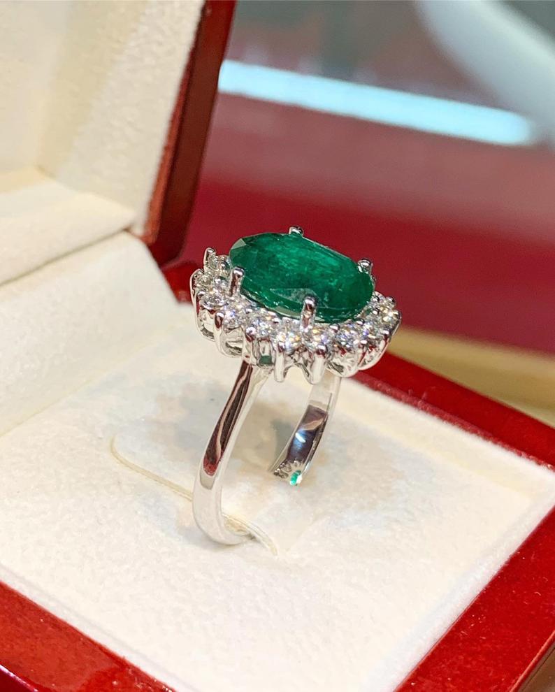 VIVID 5.57TCW Emerald & VS Diamonds in 18k solid white gold ring engagement wedding colombian zambian modern natural vintagr christmas gift