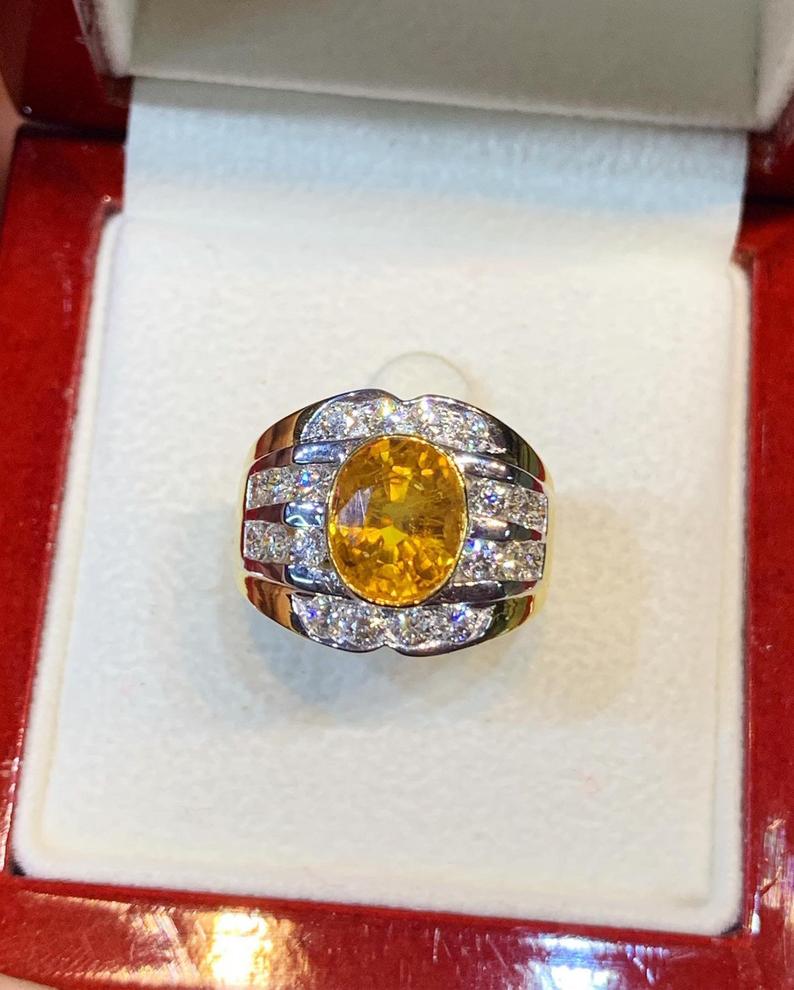 VIVID! 4.45TCW Yellow Sapphire F/VS Diamond 18K solid yellow gold handmade ring man ring natural ceylon MENS unisex orange gentleman heated