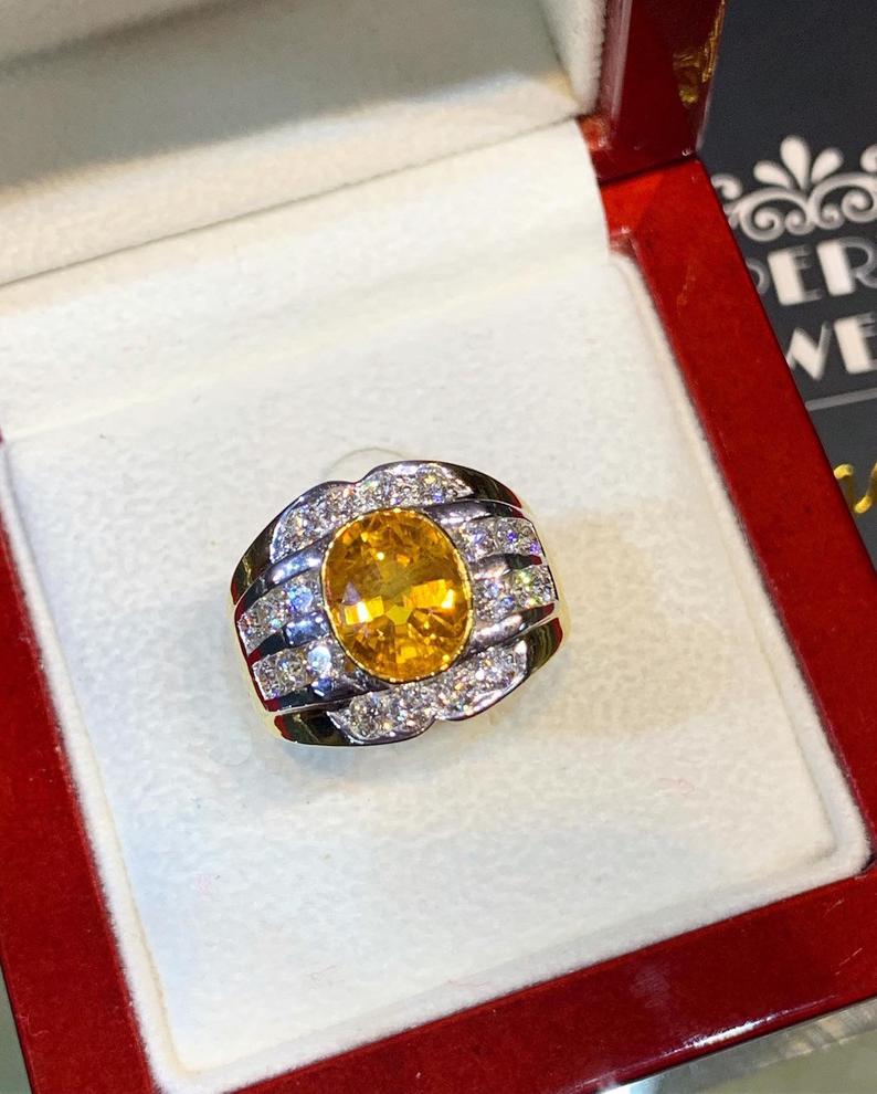 VIVID! 4.45TCW Yellow Sapphire F/VS Diamond 18K solid yellow gold handmade ring man ring natural ceylon MENS unisex orange gentleman heated