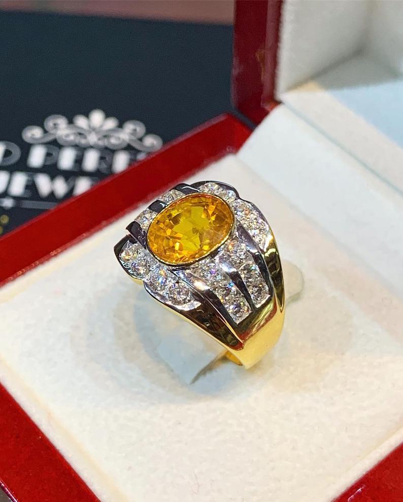 VIVID! 4.45TCW Yellow Sapphire F/VS Diamond 18K solid yellow gold handmade ring man ring natural ceylon MENS unisex orange gentleman heated