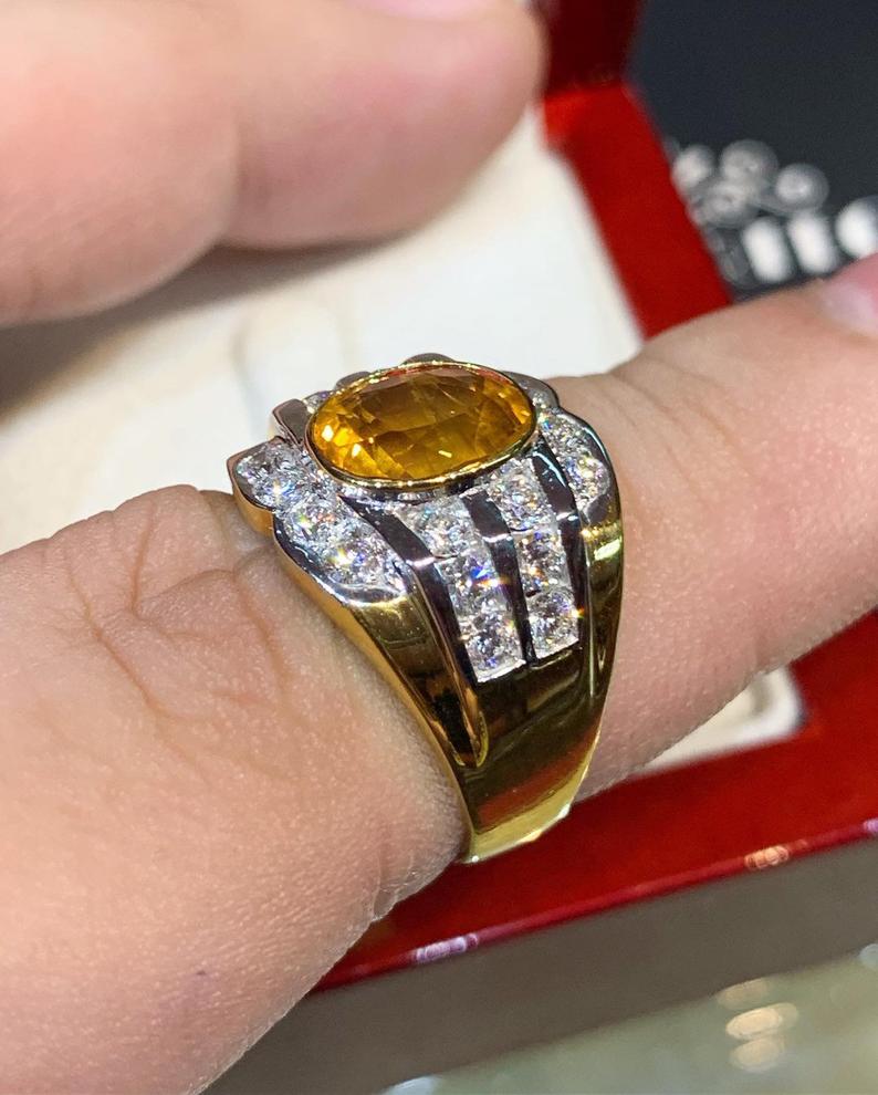 VIVID! 4.45TCW Yellow Sapphire F/VS Diamond 18K solid yellow gold handmade ring man ring natural ceylon MENS unisex orange gentleman heated