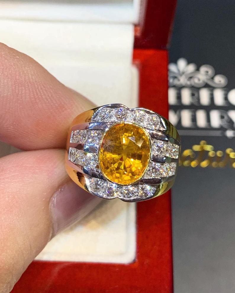 VIVID! 4.45TCW Yellow Sapphire F/VS Diamond 18K solid yellow gold handmade ring man ring natural ceylon MENS unisex orange gentleman heated