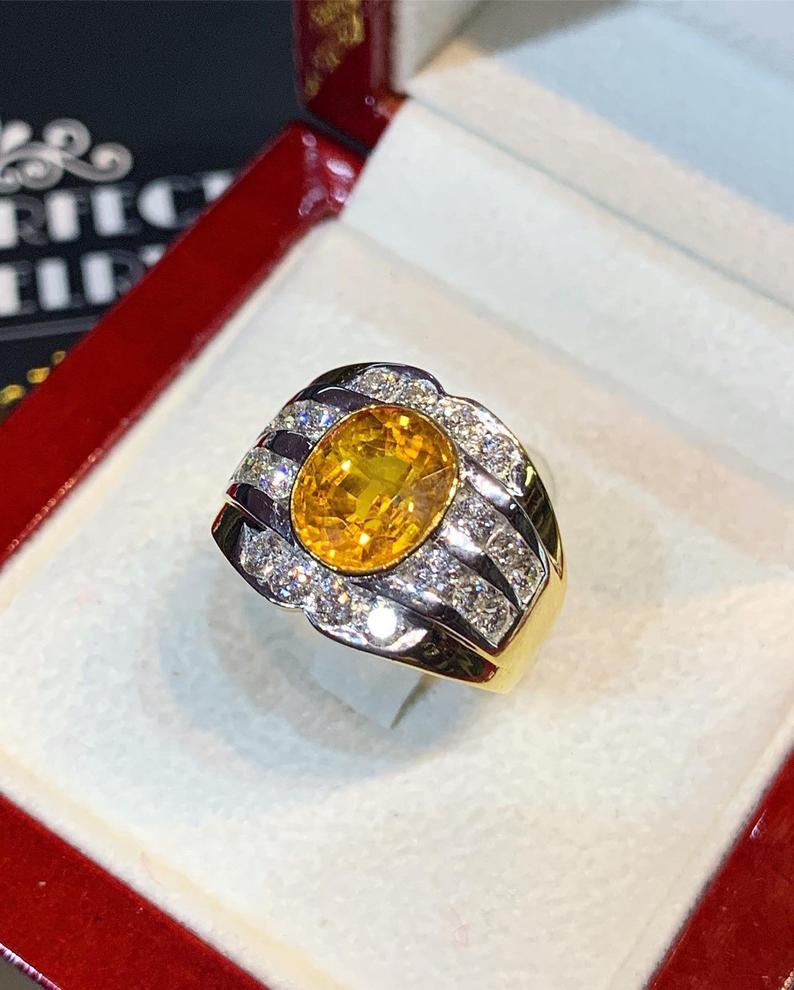 VIVID! 4.45TCW Yellow Sapphire F/VS Diamond 18K solid yellow gold handmade ring man ring natural ceylon MENS unisex orange gentleman heated