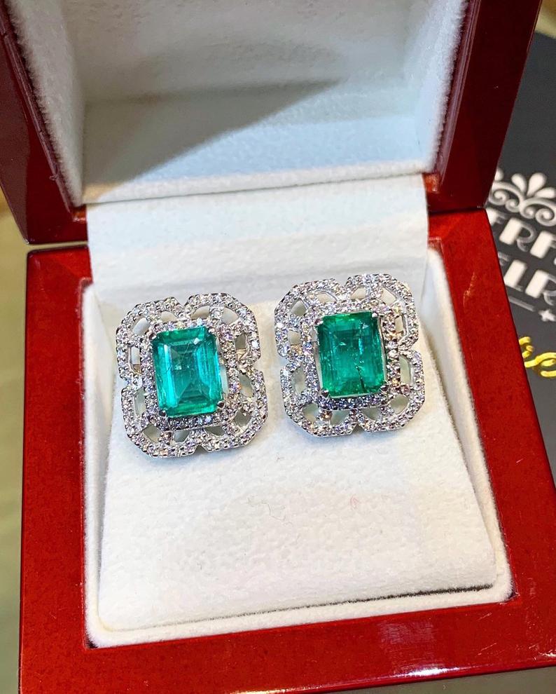 STUNNING! 5.04TCW Emerald VS Diamond 18K solid white gold earrings studs natural certified zambian Colombian halo wedding zambia art deco