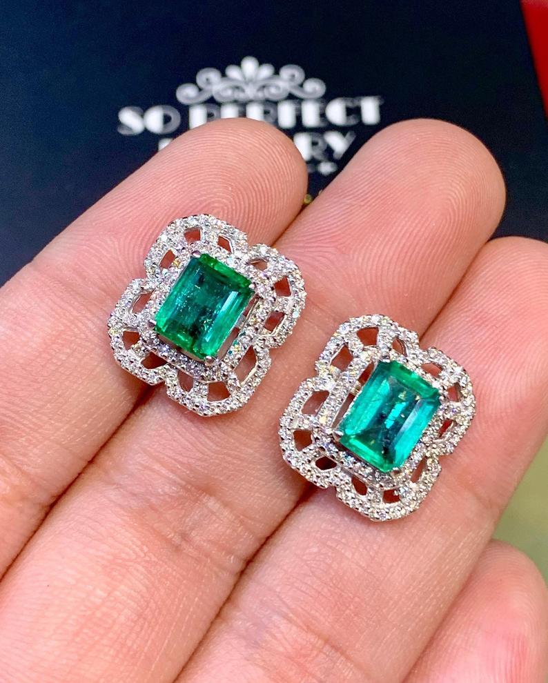 STUNNING! 5.04TCW Emerald VS Diamond 18K solid white gold earrings studs natural certified zambian Colombian halo wedding zambia art deco