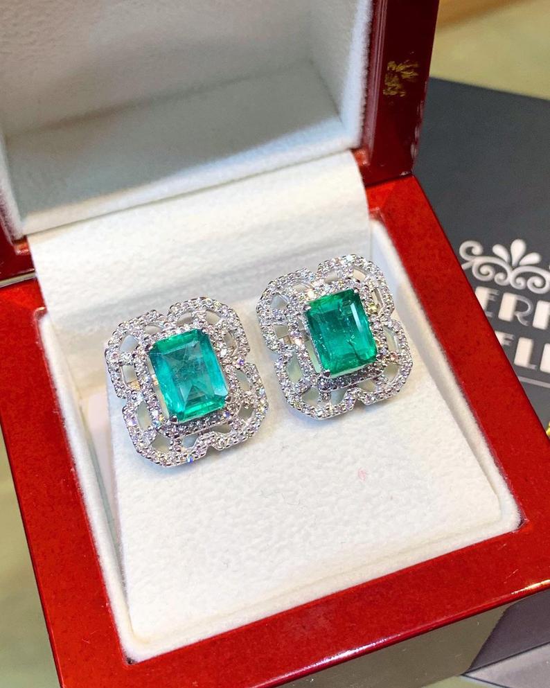 STUNNING! 5.04TCW Emerald VS Diamond 18K solid white gold earrings studs natural certified zambian Colombian halo wedding zambia art deco