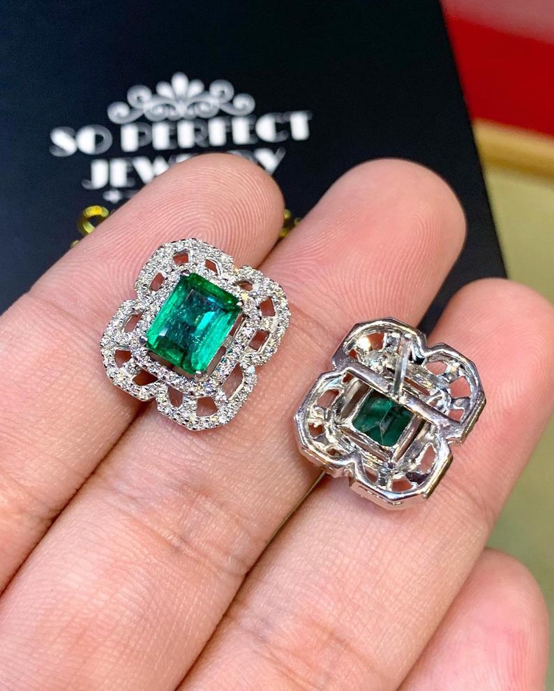 STUNNING! 5.04TCW Emerald VS Diamond 18K solid white gold earrings studs natural certified zambian Colombian halo wedding zambia art deco