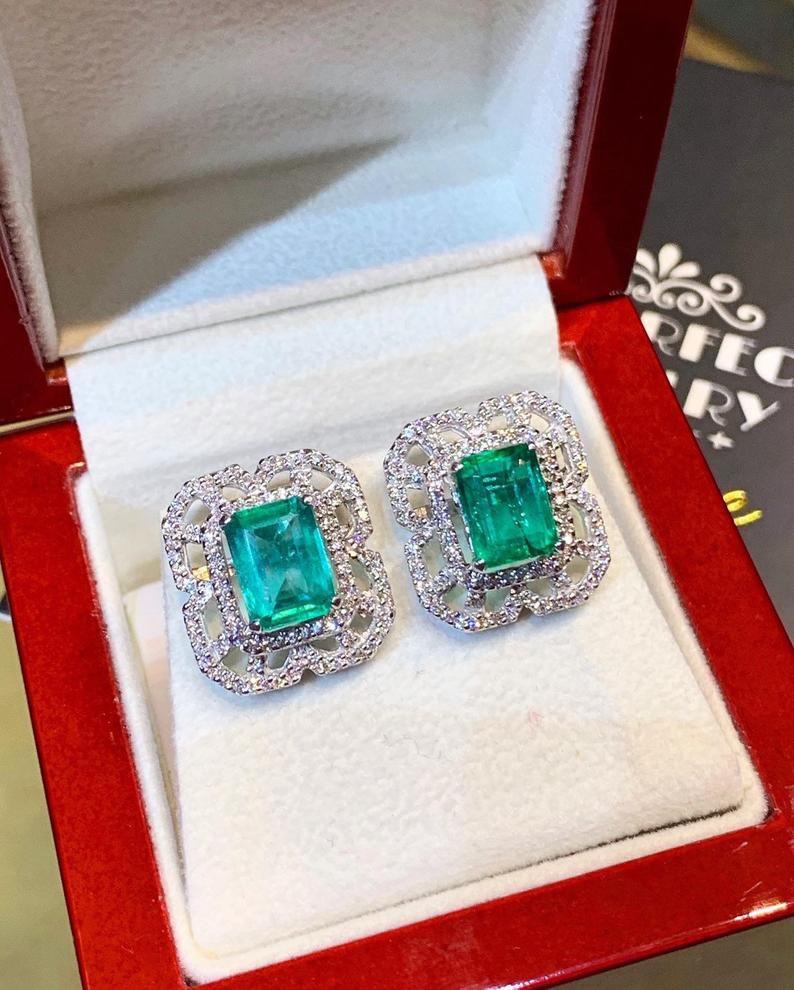 STUNNING! 5.04TCW Emerald VS Diamond 18K solid white gold earrings studs natural certified zambian Colombian halo wedding zambia art deco