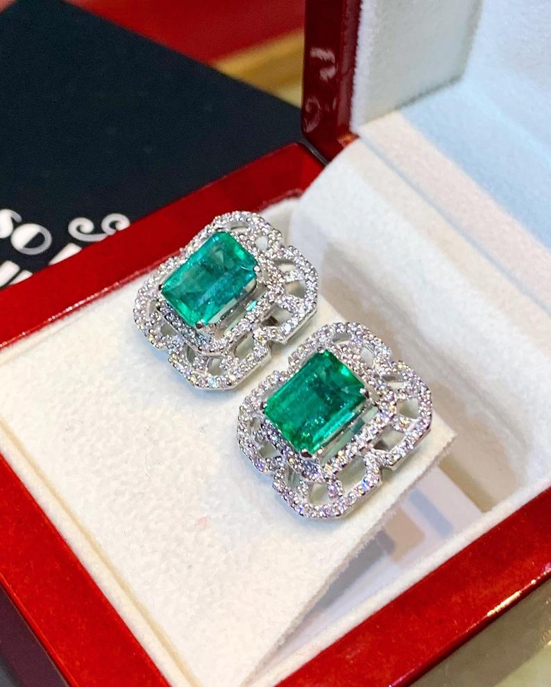 STUNNING! 5.04TCW Emerald VS Diamond 18K solid white gold earrings studs natural certified zambian Colombian halo wedding zambia art deco