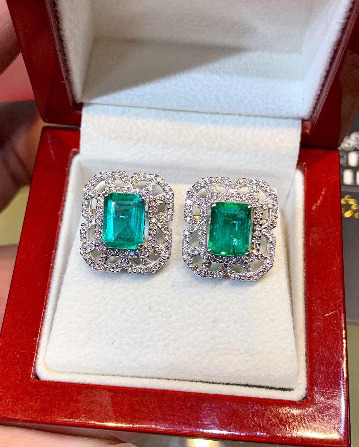 STUNNING! 5.04TCW Emerald VS Diamond 18K solid white gold earrings studs natural certified zambian Colombian halo wedding zambia art deco