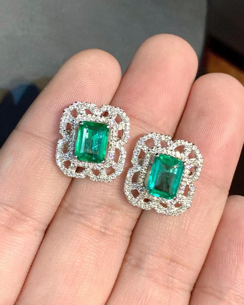 STUNNING! 5.04TCW Emerald VS Diamond 18K solid white gold earrings studs natural certified zambian Colombian halo wedding zambia art deco