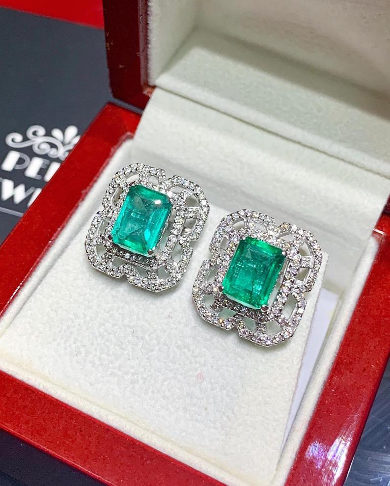 STUNNING! 5.04TCW Emerald VS Diamond 18K solid white gold earrings studs natural certified zambian Colombian halo wedding zambia art deco