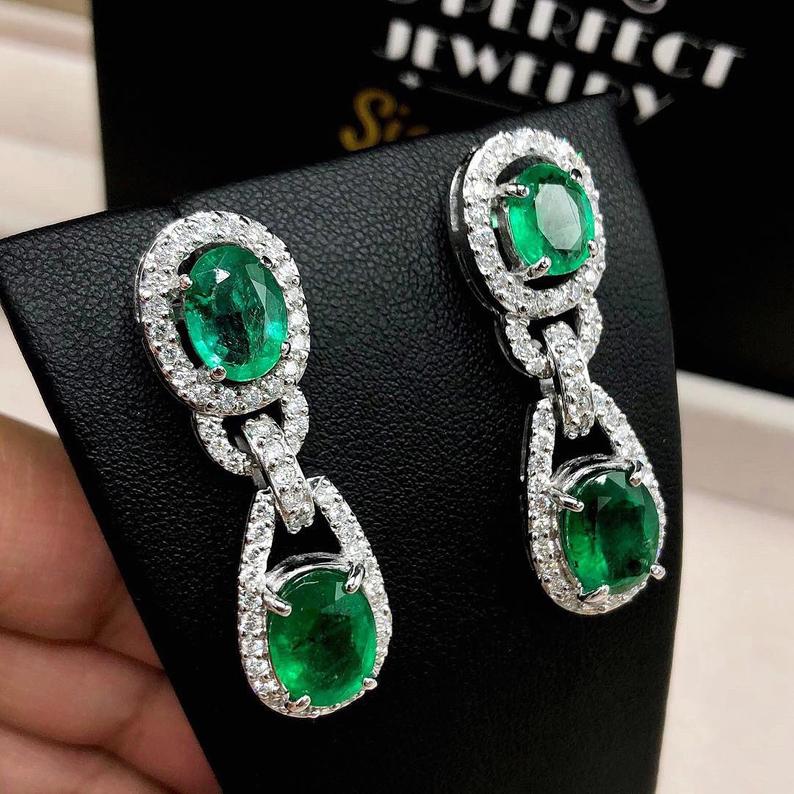 VIVID! 10.34TCW Green Emerald Diamond 18K solid WHITE gold handmade earrings dangle drop white gold chandelier unique zambia colombian oval