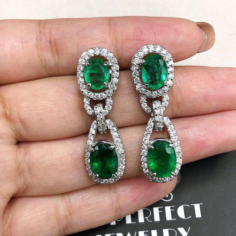 VIVID! 10.34TCW Green Emerald Diamond 18K solid WHITE gold handmade earrings dangle drop white gold chandelier unique zambia colombian oval