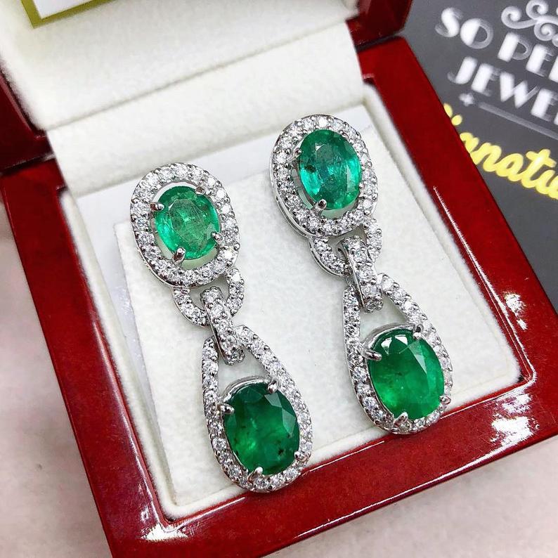 VIVID! 10.34TCW Green Emerald Diamond 18K solid WHITE gold handmade earrings dangle drop white gold chandelier unique zambia colombian oval