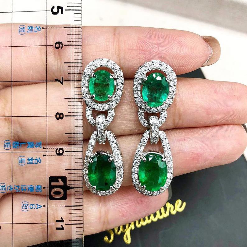 VIVID! 10.34TCW Green Emerald Diamond 18K solid WHITE gold handmade earrings dangle drop white gold chandelier unique zambia colombian oval