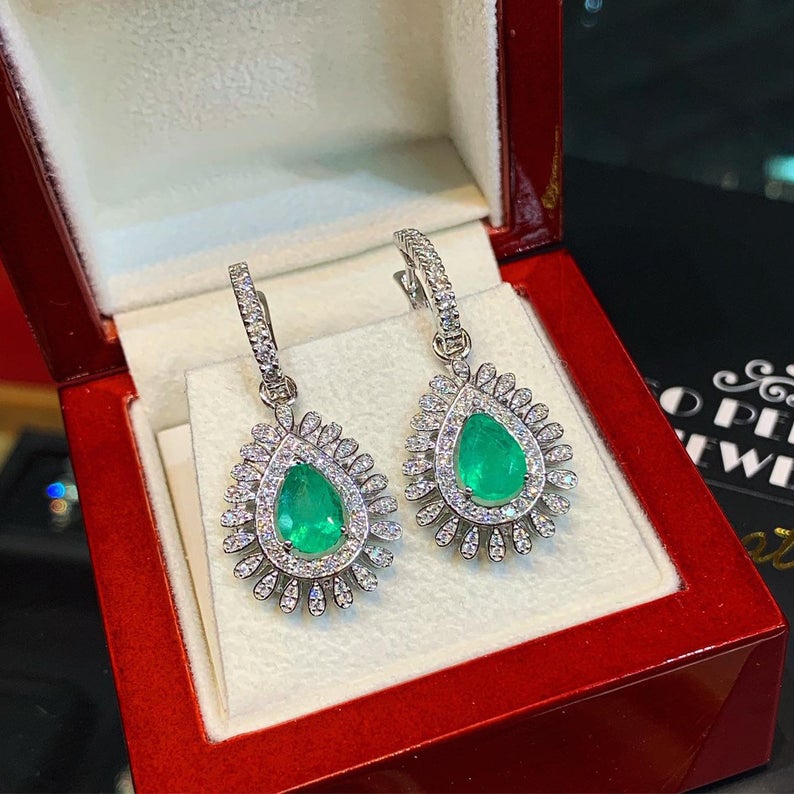 Colombian 3.73TCW Emeralds Diamond 18K solid White gold handmade earrings dangle drop removable vintage chandelier unique natural 2-in-1