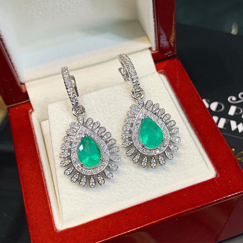 Colombian 3.73TCW Emeralds Diamond 18K solid White gold handmade earrings dangle drop removable vintage chandelier unique natural 2-in-1