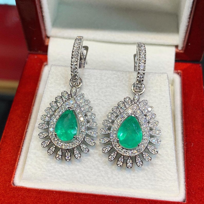 Colombian 3.73TCW Emeralds Diamond 18K solid White gold handmade earrings dangle drop removable vintage chandelier unique natural 2-in-1