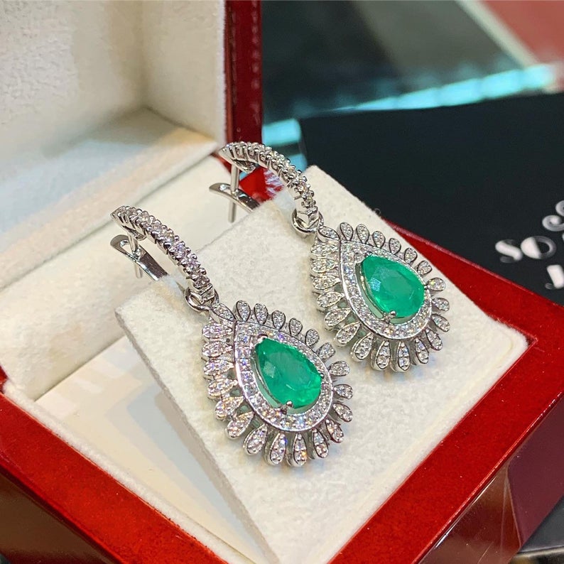 Colombian 3.73TCW Emeralds Diamond 18K solid White gold handmade earrings dangle drop removable vintage chandelier unique natural 2-in-1