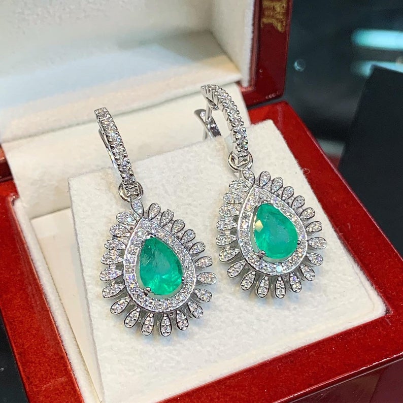 Colombian 3.73TCW Emeralds Diamond 18K solid White gold handmade earrings dangle drop removable vintage chandelier unique natural 2-in-1