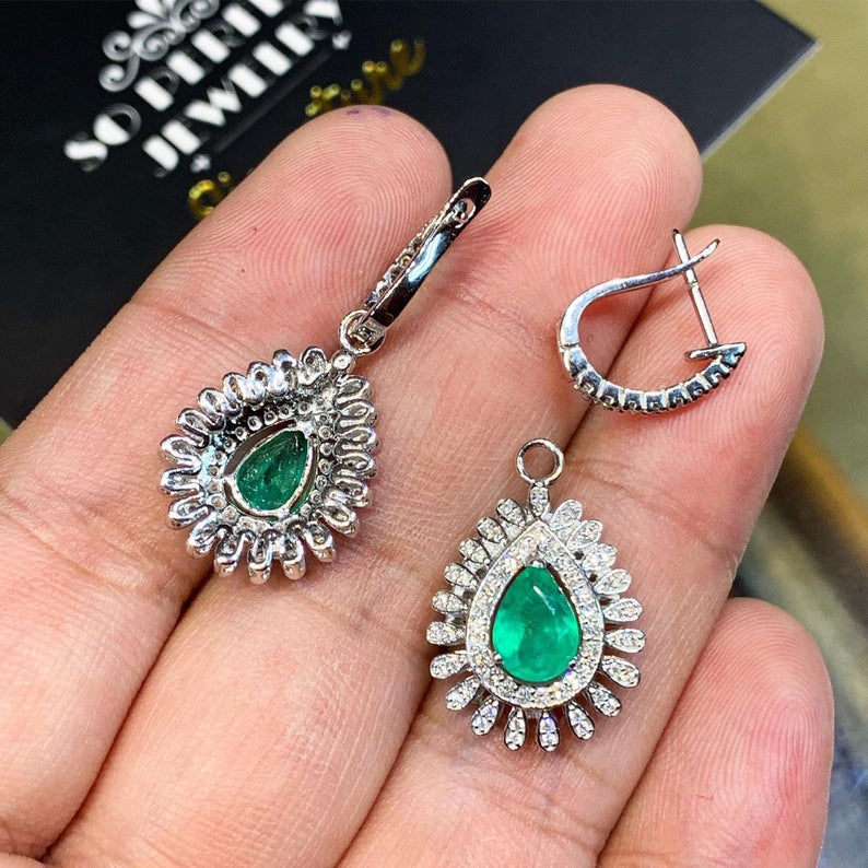 Colombian 3.73TCW Emeralds Diamond 18K solid White gold handmade earrings dangle drop removable vintage chandelier unique natural 2-in-1