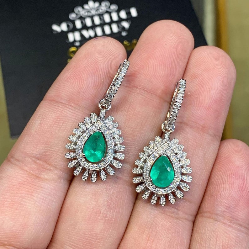 Colombian 3.73TCW Emeralds Diamond 18K solid White gold handmade earrings dangle drop removable vintage chandelier unique natural 2-in-1