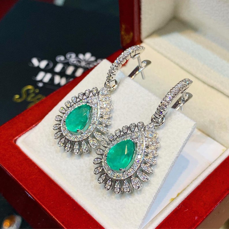 Colombian 3.73TCW Emeralds Diamond 18K solid White gold handmade earrings dangle drop removable vintage chandelier unique natural 2-in-1