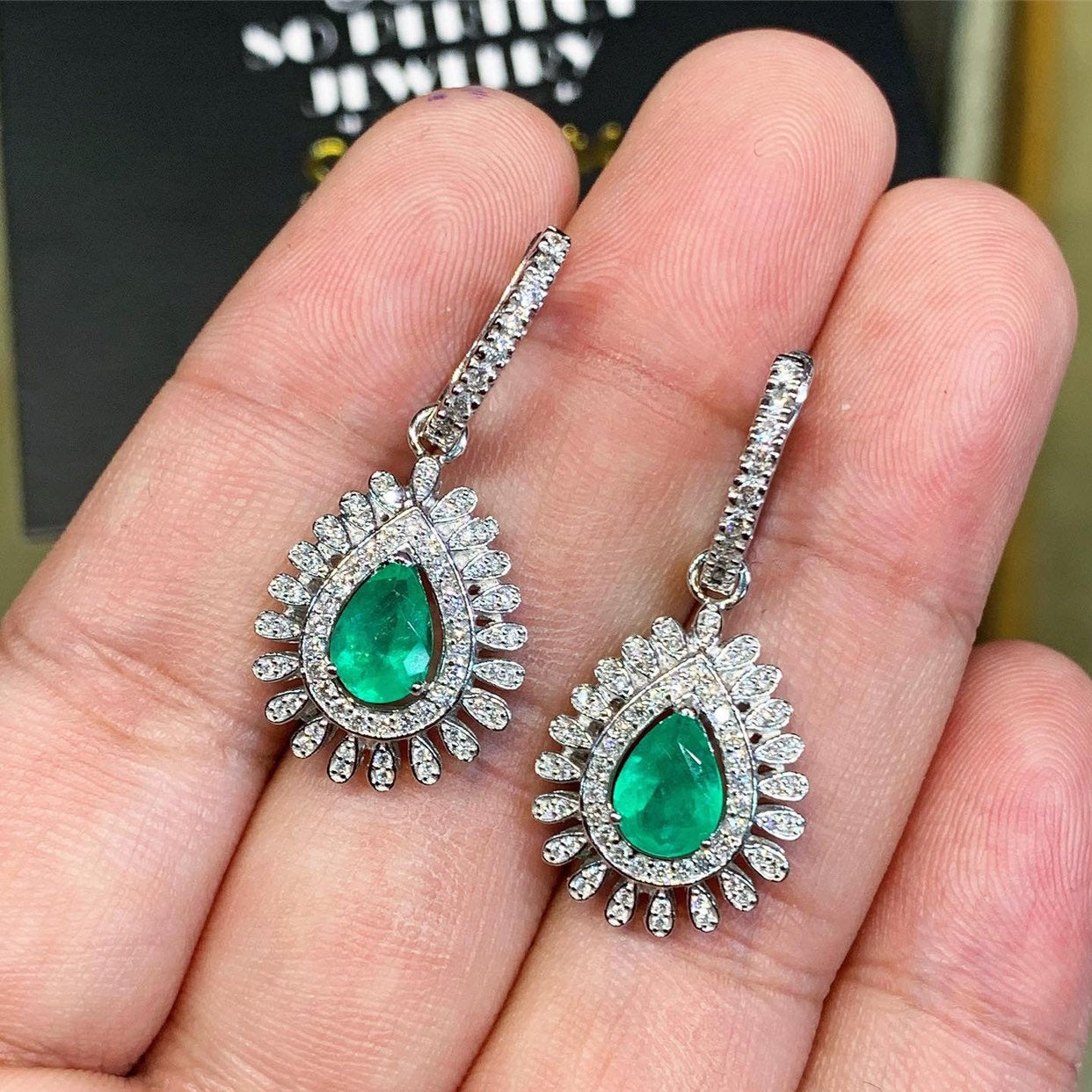 Colombian 3.73TCW Emeralds Diamond 18K solid White gold handmade earrings dangle drop removable vintage chandelier unique natural 2-in-1